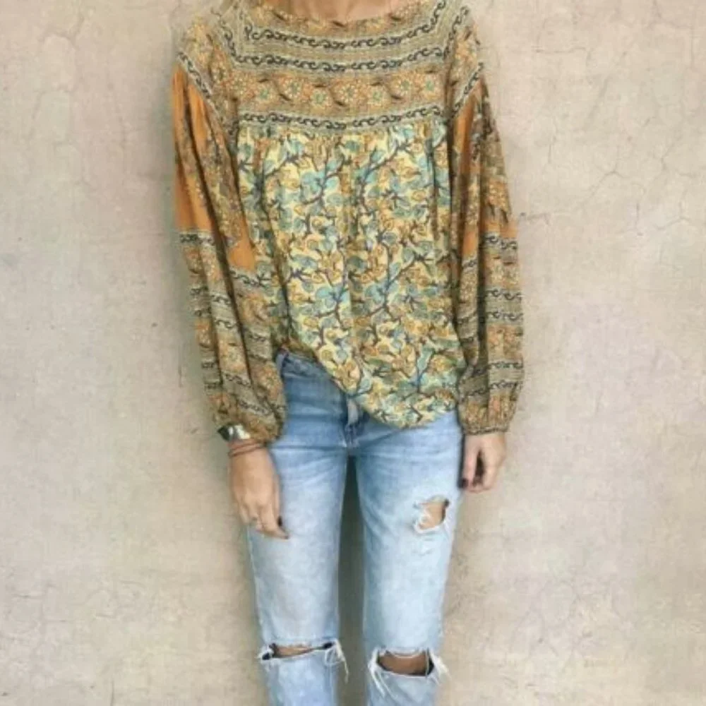 New Floral Country Cottage Core Folk Cotton Boho Top Blouse - Picture 1 of 8
